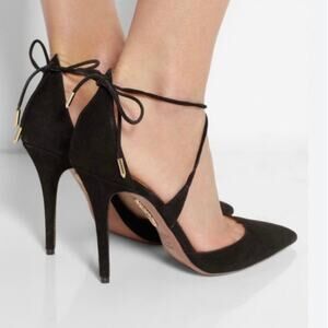 Aquazzura Matilde Black Suede Pumps Crisscross Pointed Toe Heels Size 39